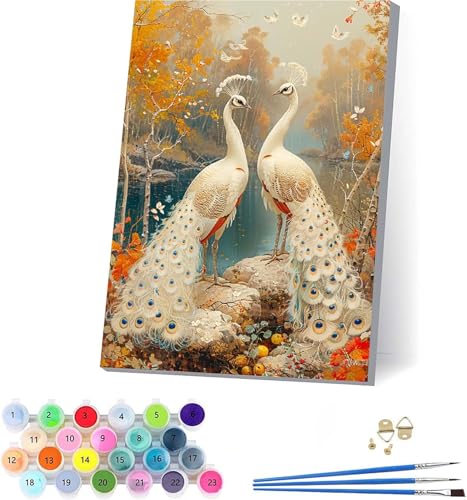 Pfau Malen Nach Zahlen Erwachsene Mit Rahmen, Malen Nach Zahlen Vogel, DIY Set Erwachsene Mit 3 Pinseln und Acrylfarbe Knitterfreie Leinwand, Paint by Numbers für Deko Wohnzimmer 70x95cm A-2113 von KUEAJIOU