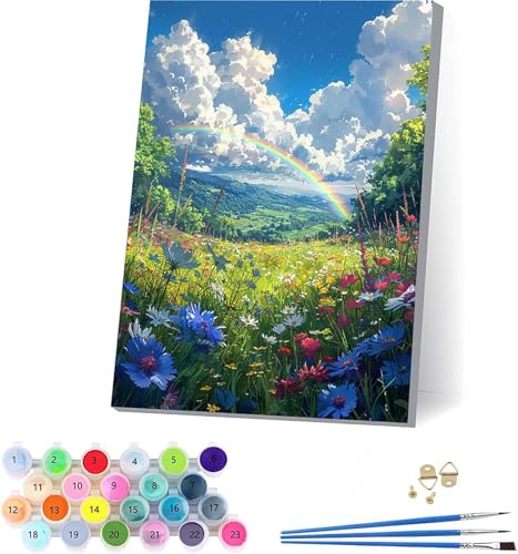 Regenbogen Malen Nach Zahlen Erwachsene Mit Rahmen, Malen Nach Zahlen Blume, DIY Set Erwachsene Mit 3 Pinseln und Acrylfarbe, Paint by Numbers für Deko Wohnzimmer, Geschenke für Frauen 30x40cm 1-8204 von KUEAJIOU