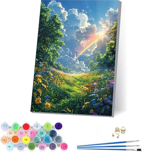 Regenbogen Malen Nach Zahlen Erwachsene Mit Rahmen, Malen Nach Zahlen Blume, DIY Set Erwachsene Mit 3 Pinseln und Acrylfarbe, Paint by Numbers für Deko Wohnzimmer, Geschenke für Frauen 40x50cm H-8041 von KUEAJIOU