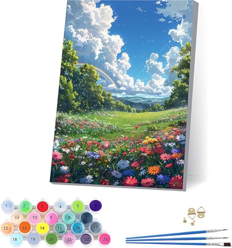 Regenbogen Malen Nach Zahlen Erwachsene Mit Rahmen, Malen Nach Zahlen Blume, DIY Set Erwachsene Mit 3 Pinseln und Acrylfarbe Knitterfreie Leinwand, Paint by Numbers für Deko Wohnzimmer 70x95cm 4-5824 von KUEAJIOU