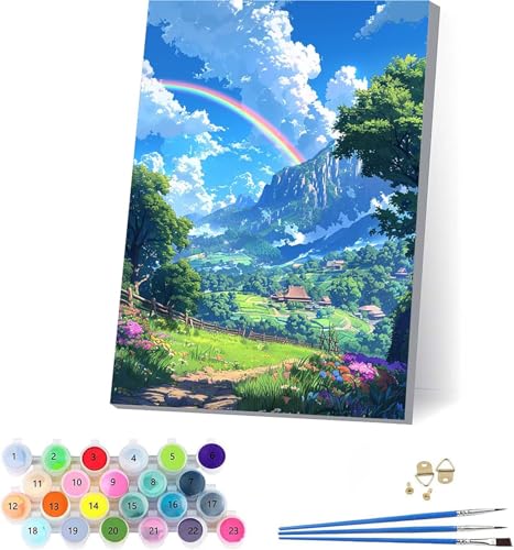 Regenbogen Malen Nach Zahlen Erwachsene Mit Rahmen, Malen Nach Zahlen Landschaft, DIY Set Erwachsene Mit 3 Pinseln und Acrylfarbe, Deko Wohnzimmer und Wanddeko, Geschenke für Frauen 100x130cm 8-4261 von KUEAJIOU