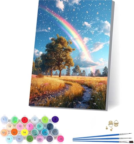 Regenbogen Malen Nach Zahlen Erwachsene Mit Rahmen, Malen Nach Zahlen Landschaft, DIY Set Erwachsene Mit 3 Pinseln und Acrylfarbe Knitterfreie Leinwand, Deko Wohnzimmer und Wanddeko 100x135cm 3-8536 von KUEAJIOU