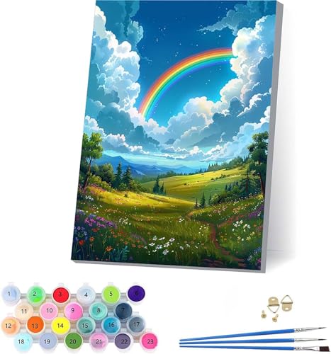 Regenbogen Malen Nach Zahlen Erwachsene Mit Rahmen, Malen Nach Zahlen Landschaft, DIY Set Erwachsene Mit 3 Pinseln und Acrylfarbe Knitterfreie Leinwand, Deko Wohnzimmer und Wanddeko 40x50cm J-9985 von KUEAJIOU