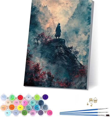 Samurai Malen Nach Zahlen Erwachsene Mit Rahmen, Malen Nach Zahlen Berg, DIY Set Erwachsene Mit 3 Pinseln und Acrylfarbe Knitterfreie Leinwand, Paint by Numbers für Deko Wohnzimmer 30x40cm V-8530 von KUEAJIOU