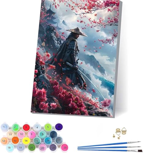 Samurai Malen Nach Zahlen Erwachsene Mit Rahmen, Malen Nach Zahlen Blume, DIY Set Erwachsene Mit 3 Pinseln und Acrylfarbe, Paint by Numbers für Deko Wohnzimmer, Geschenke für Frauen 50x65cm T-2294 von KUEAJIOU
