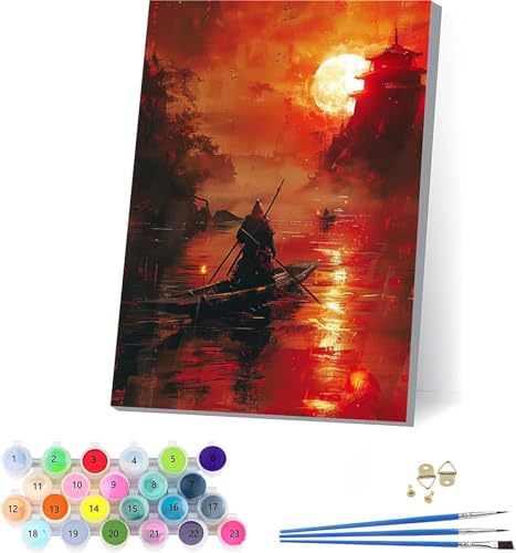 Samurai Malen Nach Zahlen Erwachsene Mit Rahmen, Malen Nach Zahlen Landschaft, DIY Set Erwachsene Mit 3 Pinseln und Acrylfarbe, Deko Wohnzimmer und Wanddeko, Geschenke für Frauen 30x40cm 0-7989 von KUEAJIOU