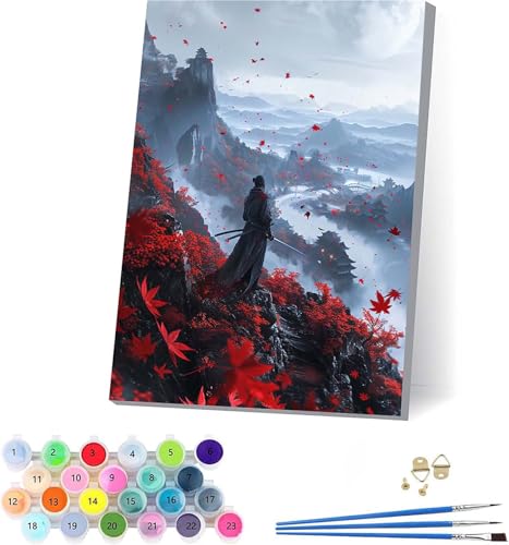Samurai Malen Nach Zahlen Erwachsene Mit Rahmen, Malen Nach Zahlen Landschaft, DIY Set Erwachsene Mit 3 Pinseln und Acrylfarbe Knitterfreie Leinwand, Deko Wohnzimmer und Wanddeko 50x65cm 6-9223 von KUEAJIOU