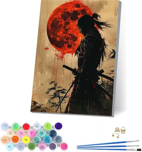 Samurai Malen Nach Zahlen Erwachsene Mit Rahmen, Malen Nach Zahlen Sonne, DIY Set Erwachsene Mit 3 Pinseln und Acrylfarbe, Paint by Numbers für Deko Wohnzimmer, Geschenke für Frauen 30x40cm 2-7645 von KUEAJIOU
