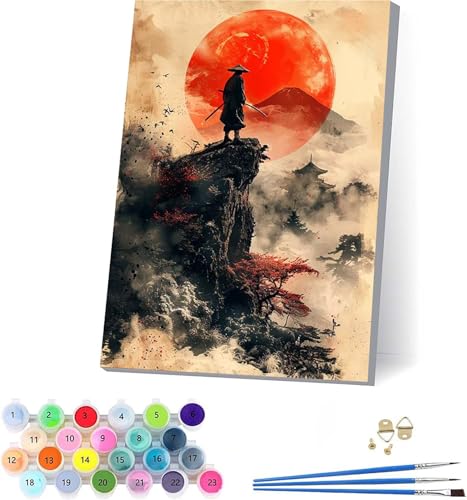 Samurai Malen Nach Zahlen Erwachsene Mit Rahmen, Malen Nach Zahlen Sonne, DIY Set Erwachsene Mit 3 Pinseln und Acrylfarbe, Paint by Numbers für Deko Wohnzimmer, Geschenke für Frauen 30x40cm D-8776 von KUEAJIOU