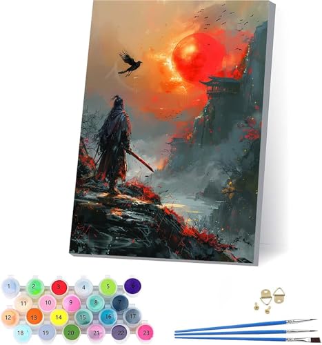 Samurai Malen Nach Zahlen Erwachsene Mit Rahmen, Malen Nach Zahlen Sonne, DIY Set Erwachsene Mit 3 Pinseln und Acrylfarbe Knitterfreie Leinwand, Paint by Numbers für Deko Wohnzimmer 70x95cm I-2279 von KUEAJIOU