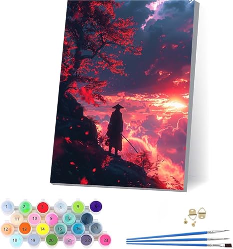 Samurai Malen Nach Zahlen Erwachsene Mit Rahmen, Malen Nach Zahlen Sonnenuntergang, DIY Set Erwachsene Mit 3 Pinseln und Acrylfarbe Knitterfreie Leinwand, Deko Wohnzimmer und Wanddeko 30x40cm W-4874 von KUEAJIOU