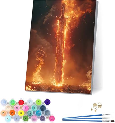 Schwert Malen Nach Zahlen Erwachsene Mit Rahmen, Malen Nach Zahlen Flamme, DIY Set Erwachsene Mit 3 Pinseln und Acrylfarbe, Paint by Numbers für Deko Wohnzimmer, Geschenke für Frauen 100x135cm X-2121 von KUEAJIOU