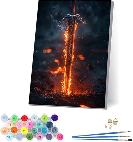 Schwert Malen Nach Zahlen Erwachsene Mit Rahmen, Malen Nach Zahlen Flamme, DIY Set Erwachsene Mit 3 Pinseln und Acrylfarbe Knitterfreie Leinwand, Paint by Numbers für Deko Wohnzimmer 100x130cm 0-7178 von KUEAJIOU