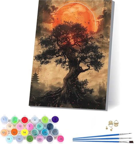 Sonne Malen Nach Zahlen Erwachsene Mit Rahmen, Malen Nach Zahlen Baum, DIY Set Erwachsene Mit 3 Pinseln und Acrylfarbe, Paint by Numbers für Deko Wohnzimmer, Geschenke für Frauen 50x65cm 4-6016 von KUEAJIOU
