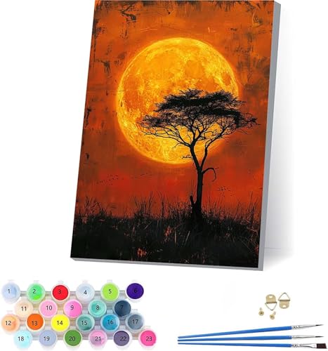 Sonne Malen Nach Zahlen Erwachsene Mit Rahmen, Malen Nach Zahlen Baum, DIY Set Erwachsene Mit 3 Pinseln und Acrylfarbe Knitterfreie Leinwand, Paint by Numbers für Deko Wohnzimmer 70x95cm G-9587 von KUEAJIOU