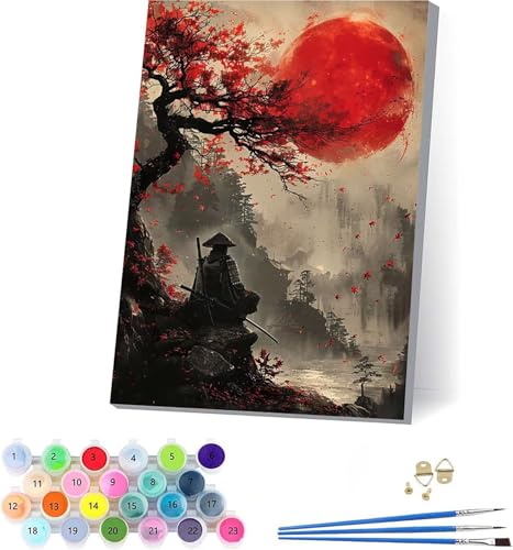Sonne Malen Nach Zahlen Erwachsene Mit Rahmen, Malen Nach Zahlen Samurai, DIY Set Erwachsene Mit 3 Pinseln und Acrylfarbe Knitterfreie Leinwand, Paint by Numbers für Deko Wohnzimmer 100x130cm 1-1979 von KUEAJIOU