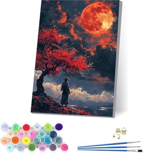 Sonne Malen Nach Zahlen Erwachsene Mit Rahmen, Malen Nach Zahlen Samurai, DIY Set Erwachsene Mit 3 Pinseln und Acrylfarbe Knitterfreie Leinwand, Paint by Numbers für Deko Wohnzimmer 30x40cm 5-1692 von KUEAJIOU