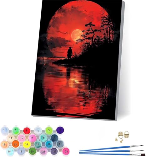 Sonne Malen Nach Zahlen Erwachsene Mit Rahmen, Malen Nach Zahlen Samurai, DIY Set Erwachsene Mit 3 Pinseln und Acrylfarbe Knitterfreie Leinwand, Paint by Numbers für Deko Wohnzimmer 50x65cm E-8293 von KUEAJIOU