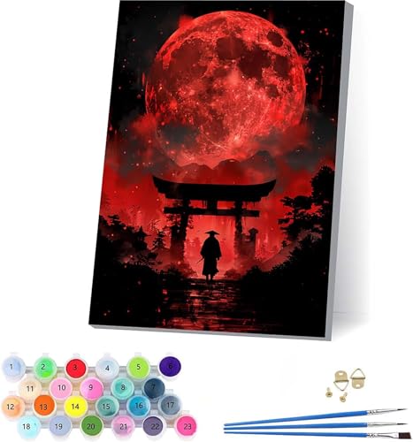 Sonne Malen Nach Zahlen Erwachsene Mit Rahmen, Malen Nach Zahlen Samurai, DIY Set Erwachsene Mit 3 Pinseln und Acrylfarbe Knitterfreie Leinwand, Paint by Numbers für Deko Wohnzimmer 50x65cm P-7318 von KUEAJIOU