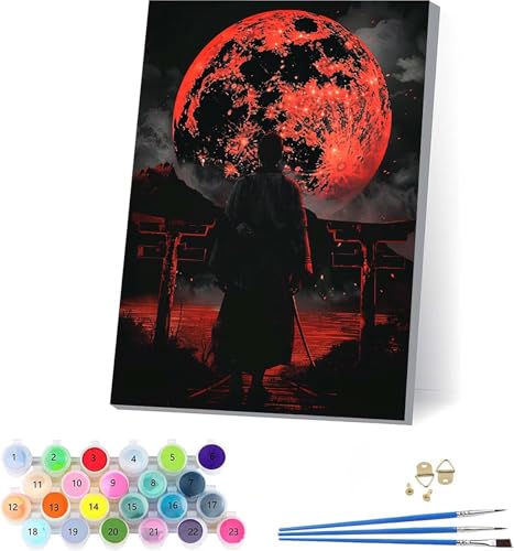 Sonne Malen Nach Zahlen Erwachsene Mit Rahmen, Malen Nach Zahlen Samurai, DIY Set Erwachsene Mit 3 Pinseln und Acrylfarbe Knitterfreie Leinwand, Paint by Numbers für Deko Wohnzimmer 50x65cm V-8678 von KUEAJIOU