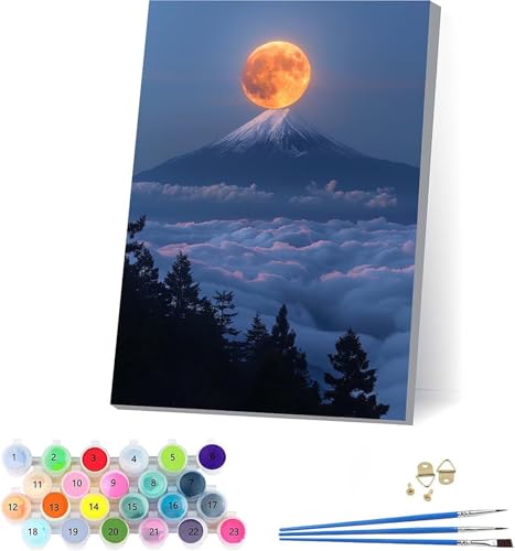 Sonne Malen Nach Zahlen Erwachsene Mit Rahmen, Malen Nach Zahlen Vulkan Fuji, DIY Set Erwachsene Mit 3 Pinseln und Acrylfarbe, Paint by Numbers für Deko Wohnzimmer, Geschenke für Frauen 30x40cm 8-8576 von KUEAJIOU