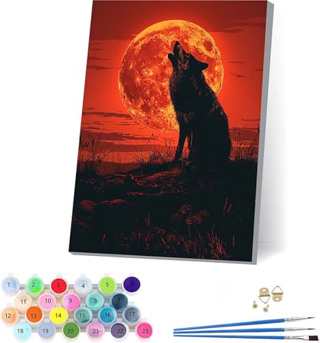 Sonne Malen Nach Zahlen Erwachsene Mit Rahmen, Malen Nach Zahlen Wolf, DIY Set Erwachsene Mit 3 Pinseln und Acrylfarbe, Paint by Numbers für Deko Wohnzimmer, Geschenke für Frauen 40x50cm 4-4948 von KUEAJIOU