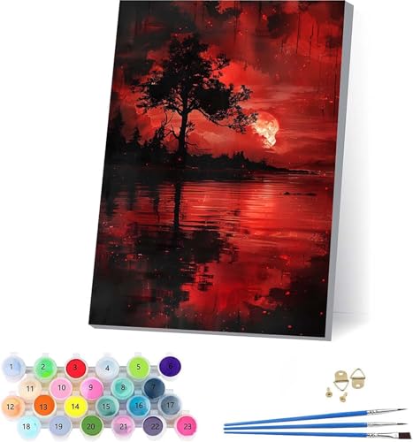 Sonnenuntergang Malen Nach Zahlen Erwachsene Mit Rahmen, Malen Nach Zahlen Baum, DIY Set Erwachsene Mit 3 Pinseln und Acrylfarbe, Deko Wohnzimmer und Wanddeko, Geschenke für Frauen 50x65cm 1-7405 von KUEAJIOU