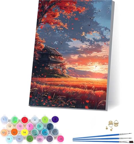Sonnenuntergang Malen Nach Zahlen Erwachsene Mit Rahmen, Malen Nach Zahlen Baum, DIY Set Erwachsene Mit 3 Pinseln und Acrylfarbe Knitterfreie Leinwand, Deko Wohnzimmer und Wanddeko 30x40cm 3-5737 von KUEAJIOU