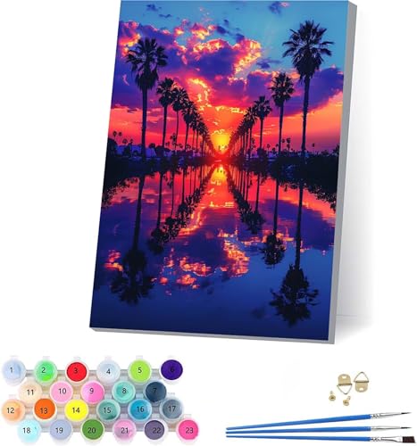 Sonnenuntergang Malen Nach Zahlen Erwachsene Mit Rahmen, Malen Nach Zahlen Baum, DIY Set Erwachsene Mit 3 Pinseln und Acrylfarbe Knitterfreie Leinwand, Deko Wohnzimmer und Wanddeko 70x95cm H-9654 von KUEAJIOU