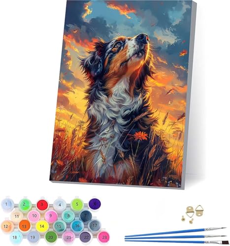 Sonnenuntergang Malen Nach Zahlen Erwachsene Mit Rahmen, Malen Nach Zahlen Hund, DIY Set Erwachsene Mit 3 Pinseln und Acrylfarbe, Deko Wohnzimmer und Wanddeko, Geschenke für Frauen 70x95cm 1-3720 von KUEAJIOU