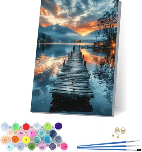 Sonnenuntergang Malen Nach Zahlen Erwachsene Mit Rahmen, Malen Nach Zahlen Landschaft, DIY Set Erwachsene Mit 3 Pinseln und Acrylfarbe, Deko Wohnzimmer und Wanddeko, Geschenke für Frauen 30x40cm 0-482 von KUEAJIOU