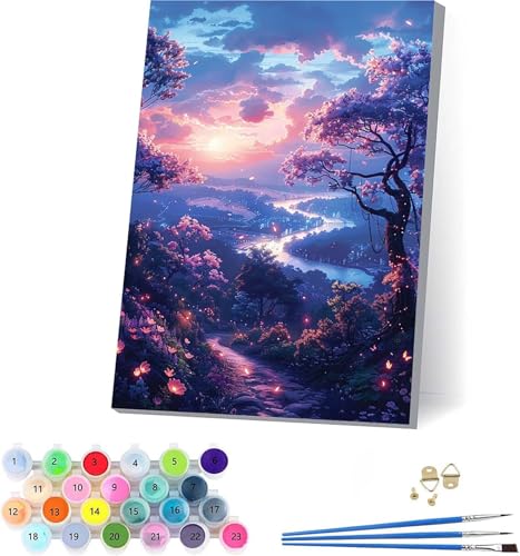 Sonnenuntergang Malen Nach Zahlen Erwachsene Mit Rahmen, Malen Nach Zahlen Landschaft, DIY Set Erwachsene Mit 3 Pinseln und Acrylfarbe Knitterfreie Leinwand, Deko Wohnzimmer und Wanddeko 50x65cm 5-186 von KUEAJIOU