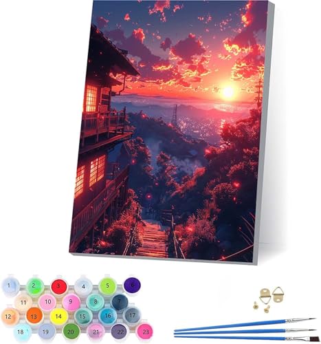 Sonnenuntergang Malen Nach Zahlen Erwachsene Mit Rahmen, Malen Nach Zahlen Landschaft, DIY Set Erwachsene Mit 3 Pinseln und Acrylfarbe Knitterfreie Leinwand, Deko Wohnzimmer und Wanddeko 50x65cm J-273 von KUEAJIOU