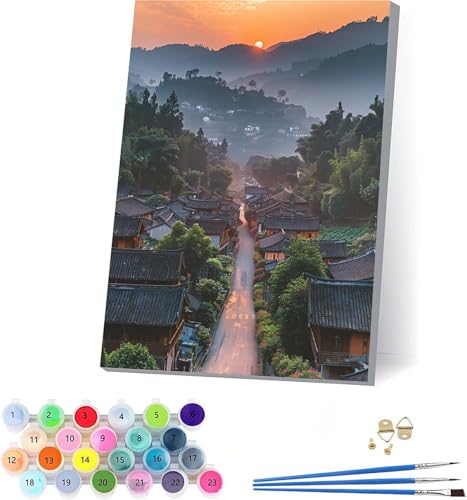 Sonnenuntergang Malen Nach Zahlen Erwachsene Mit Rahmen, Malen Nach Zahlen Landschaft, DIY Set Erwachsene Mit 3 Pinseln und Acrylfarbe Knitterfreie Leinwand, Deko Wohnzimmer und Wanddeko 50x65cm Z-204 von KUEAJIOU