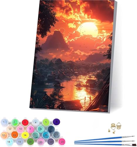 Sonnenuntergang Malen Nach Zahlen Erwachsene Mit Rahmen, Malen Nach Zahlen Landschaft, DIY Set Erwachsene Mit 3 Pinseln und Acrylfarbe Knitterfreie Leinwand, Deko Wohnzimmer und Wanddeko 70x95cm 1-324 von KUEAJIOU