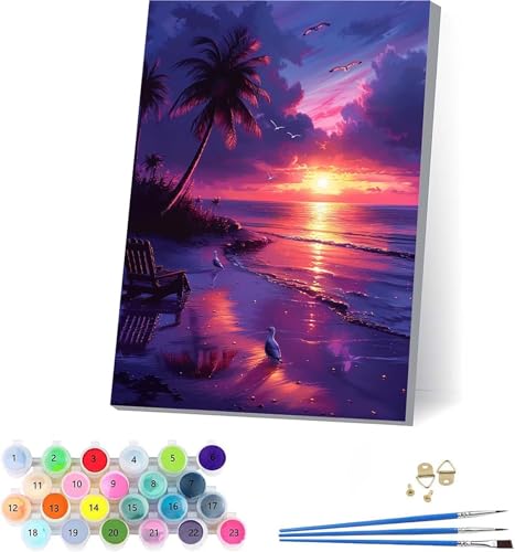Sonnenuntergang Malen Nach Zahlen Erwachsene Mit Rahmen, Malen Nach Zahlen Landschaft, DIY Set Erwachsene Mit 3 Pinseln und Acrylfarbe Knitterfreie Leinwand, Deko Wohnzimmer und Wanddeko 70x95cm E-255 von KUEAJIOU