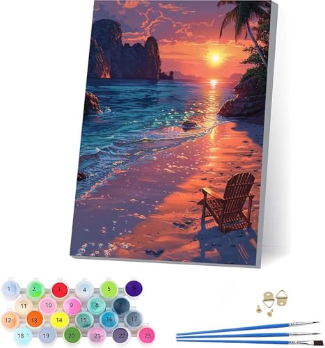 Sonnenuntergang Malen Nach Zahlen Erwachsene Mit Rahmen, Malen Nach Zahlen Strand, DIY Set Erwachsene Mit 3 Pinseln und Acrylfarbe, Deko Wohnzimmer und Wanddeko, Geschenke für Frauen 70x95cm 0-7667 von KUEAJIOU