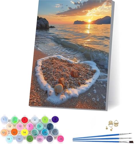 Sonnenuntergang Malen Nach Zahlen Erwachsene Mit Rahmen, Malen Nach Zahlen Strand, DIY Set Erwachsene Mit 3 Pinseln und Acrylfarbe Knitterfreie Leinwand, Deko Wohnzimmer und Wanddeko 70x95cm D-2666 von KUEAJIOU