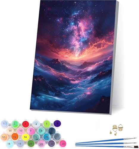 Sternenhimmel Malen Nach Zahlen Erwachsene Mit Rahmen, Malen Nach Zahlen Landschaft, DIY Set Erwachsene Mit 3 Pinseln und Acrylfarbe, Deko Wohnzimmer und Wanddeko, Geschenke für Frauen 70x95cm 6-2446 von KUEAJIOU