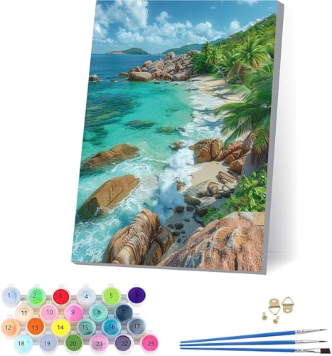 Strand Malen Nach Zahlen Erwachsene Mit Rahmen, Malen Nach Zahlen Landschaft, DIY Set Erwachsene Mit 3 Pinseln und Acrylfarbe, Paint by Numbers für Deko Wohnzimmer, Geschenke für Frauen 40x50cm 1-5254 von KUEAJIOU