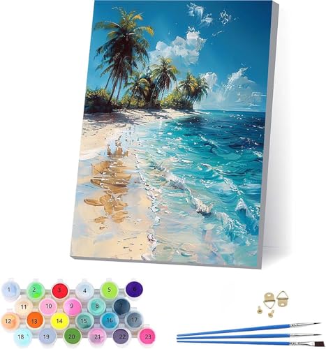 Strand Malen Nach Zahlen Erwachsene Mit Rahmen, Malen Nach Zahlen Landschaft, DIY Set Erwachsene Mit 3 Pinseln und Acrylfarbe, Paint by Numbers für Deko Wohnzimmer, Geschenke für Frauen 40x50cm A-9282 von KUEAJIOU
