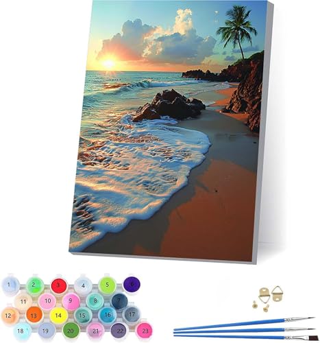 Strand Malen Nach Zahlen Erwachsene Mit Rahmen, Malen Nach Zahlen Landschaft, DIY Set Erwachsene Mit 3 Pinseln und Acrylfarbe, Paint by Numbers für Deko Wohnzimmer, Geschenke für Frauen 50x65cm 6-8351 von KUEAJIOU