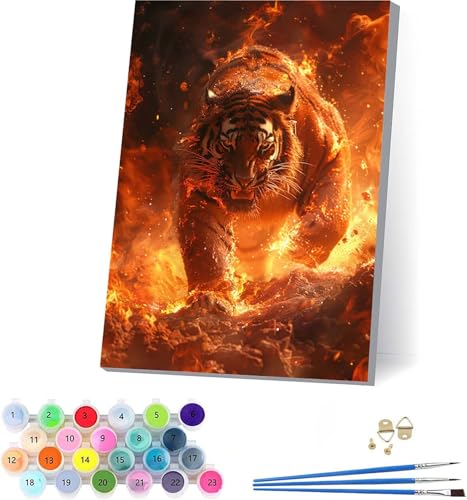 Tiger Malen Nach Zahlen Erwachsene Mit Rahmen, Malen Nach Zahlen Flamme, DIY Set Erwachsene Mit 3 Pinseln und Acrylfarbe, Paint by Numbers für Deko Wohnzimmer, Geschenke für Frauen 40x50cm 2-7398 von KUEAJIOU