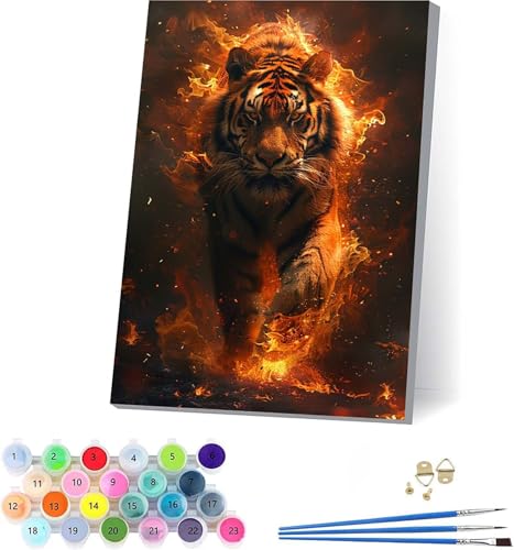 Tiger Malen Nach Zahlen Erwachsene Mit Rahmen, Malen Nach Zahlen Flamme, DIY Set Erwachsene Mit 3 Pinseln und Acrylfarbe, Paint by Numbers für Deko Wohnzimmer, Geschenke für Frauen 70x95cm C-2005 von KUEAJIOU