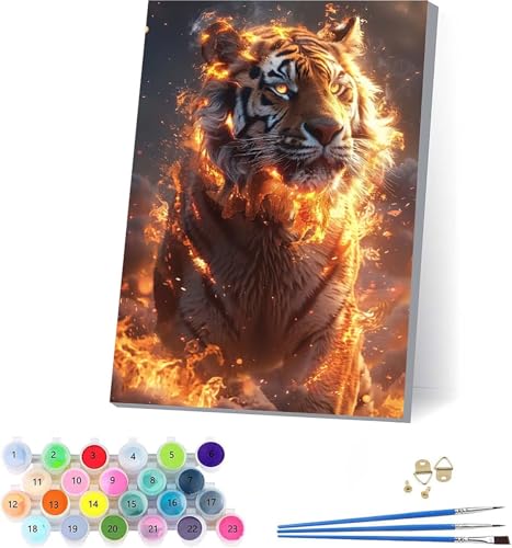 Tiger Malen Nach Zahlen Erwachsene Mit Rahmen, Malen Nach Zahlen Flamme, DIY Set Erwachsene Mit 3 Pinseln und Acrylfarbe, Paint by Numbers für Deko Wohnzimmer, Geschenke für Frauen 70x95cm J-8628 von KUEAJIOU