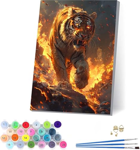 Tiger Malen Nach Zahlen Erwachsene Mit Rahmen, Malen Nach Zahlen Flamme, DIY Set Erwachsene Mit 3 Pinseln und Acrylfarbe Knitterfreie Leinwand, Paint by Numbers für Deko Wohnzimmer 50x65cm R-2200 von KUEAJIOU