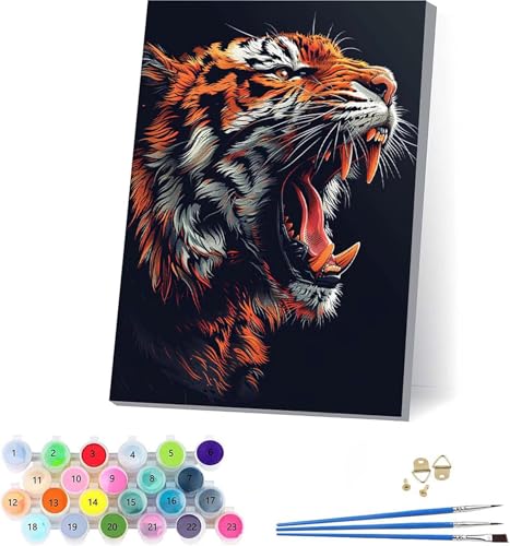 Tiger Malen Nach Zahlen Erwachsene Mit Rahmen, Malen Nach Zahlen Tier, DIY Set Erwachsene Mit 3 Pinseln und Acrylfarbe, Paint by Numbers für Deko Wohnzimmer, Geschenke für Frauen 30x40cm R-7437 von KUEAJIOU