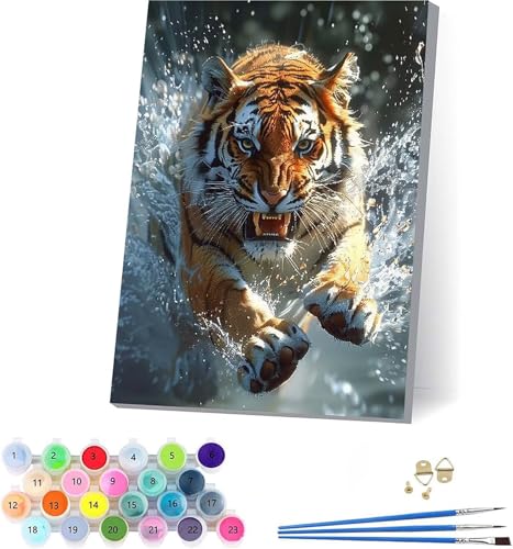 Tiger Malen Nach Zahlen Erwachsene Mit Rahmen, Malen Nach Zahlen Tier, DIY Set Erwachsene Mit 3 Pinseln und Acrylfarbe, Paint by Numbers für Deko Wohnzimmer, Geschenke für Frauen 70x95cm Q-6186 von KUEAJIOU