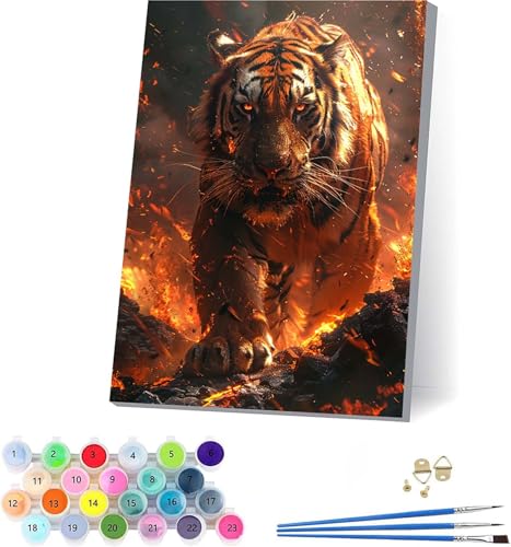 Tiger Malen Nach Zahlen Erwachsene Mit Rahmen, Malen Nach Zahlen Tier, DIY Set Erwachsene Mit 3 Pinseln und Acrylfarbe, Paint by Numbers für Deko Wohnzimmer, Geschenke für Frauen 70x95cm U-9893 von KUEAJIOU