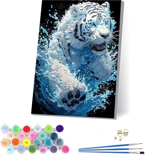Tiger Malen Nach Zahlen Erwachsene Mit Rahmen, Malen Nach Zahlen Tier, DIY Set Erwachsene Mit 3 Pinseln und Acrylfarbe Knitterfreie Leinwand, Paint by Numbers für Deko Wohnzimmer 30x40cm J-9663 von KUEAJIOU